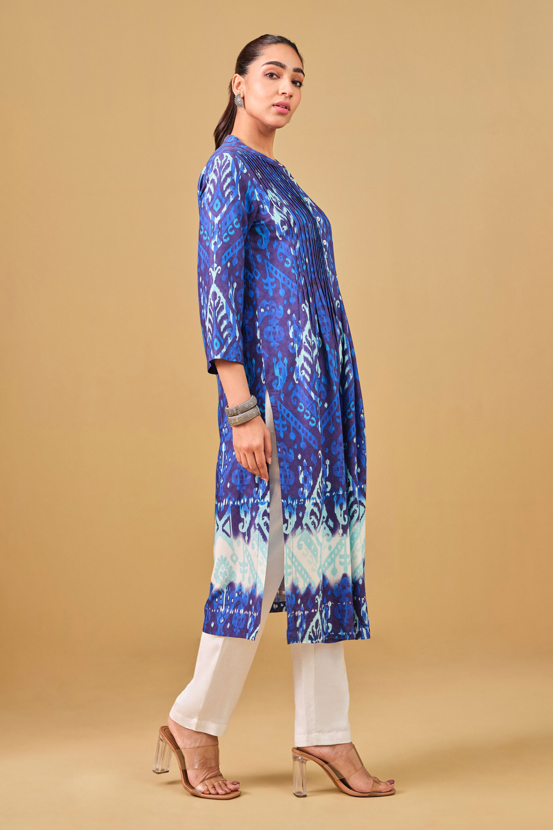 Blue Ikat Inspired Viscose Kurta, Ink Blue, image 3